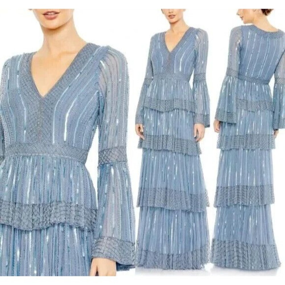 Mac Duggal Blue Sequin Stripe Long Bell Sleeve Tiered Ruffle Gown Sz 10 5442 NWT